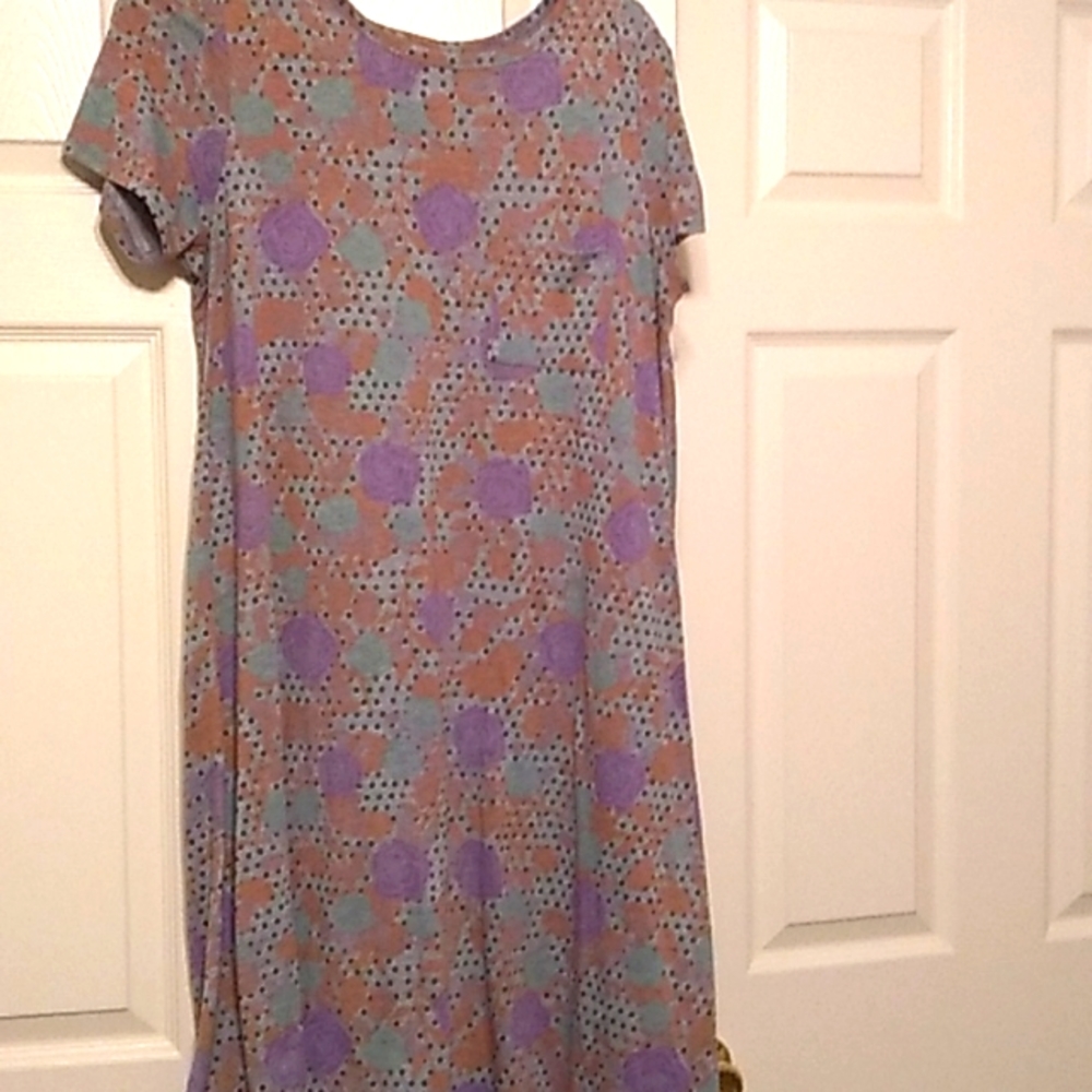 Large Lularoe carlie Purple peach teal polkadot and flower